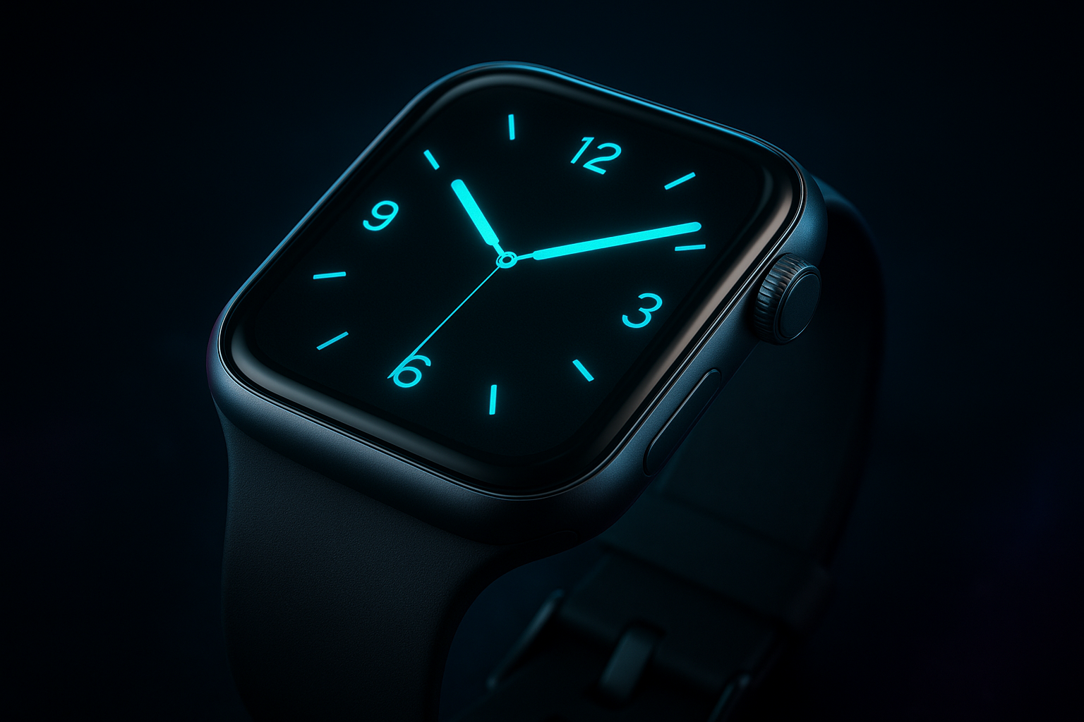 Graphite smart watch with curved glass and luminous cyan interface, shown in close-up wrist-angle crop