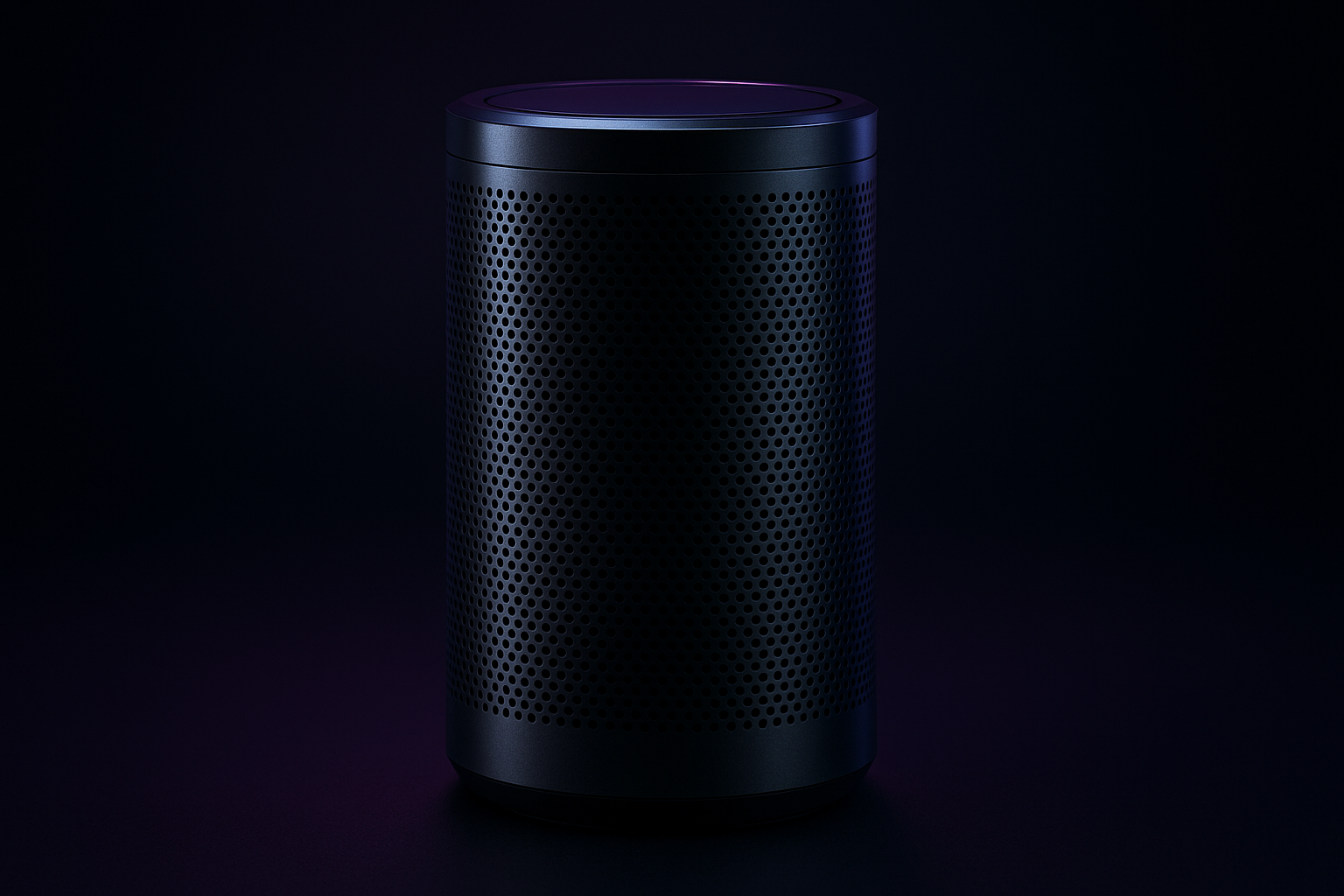 Tall cylindrical wireless speaker in dark titanium finish with perforated grille and soft neon reflections