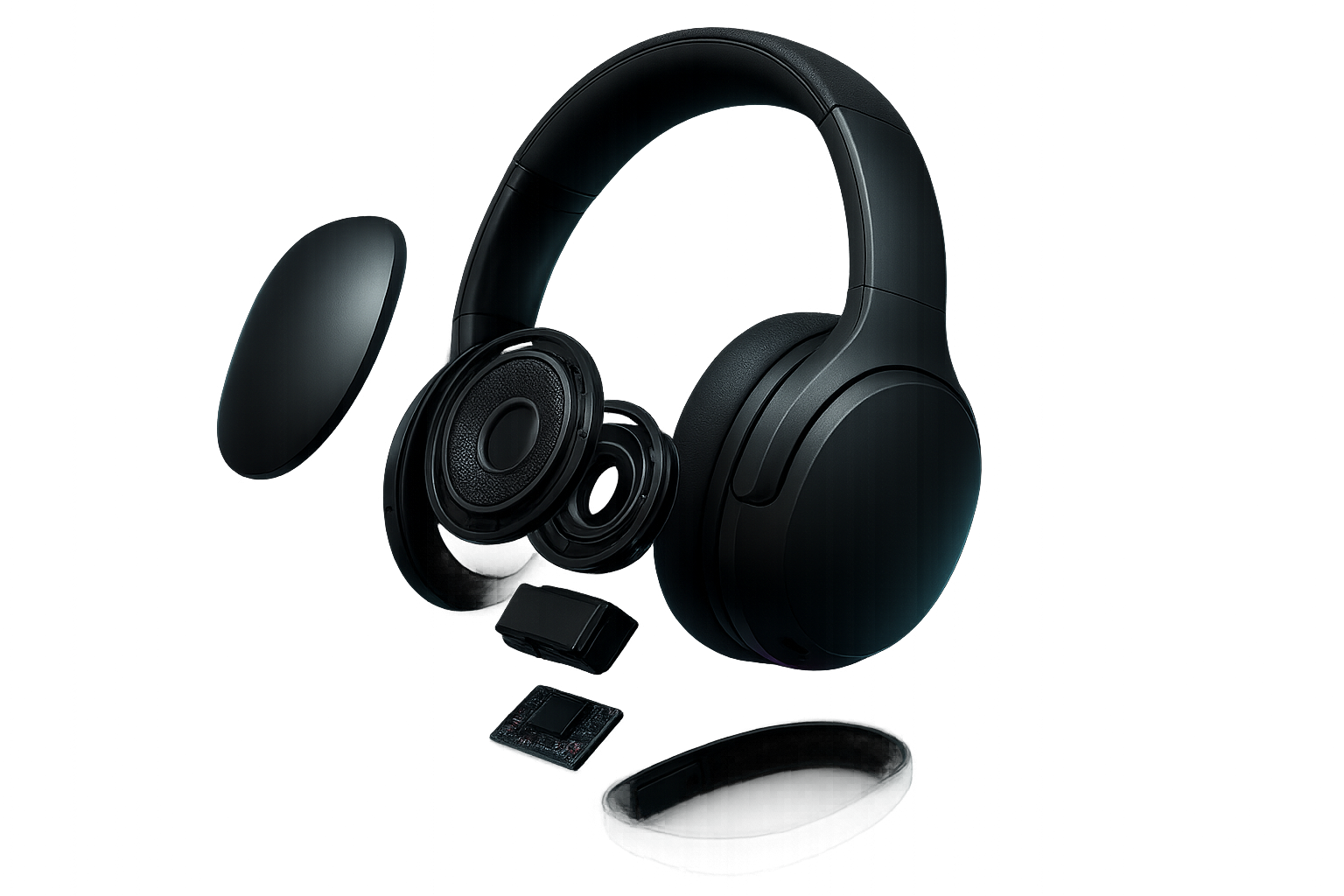 Exploded technical render of a premium over-ear headphone showing layered drivers, acoustic chambers, battery module, wireless chip, and metallic frame components