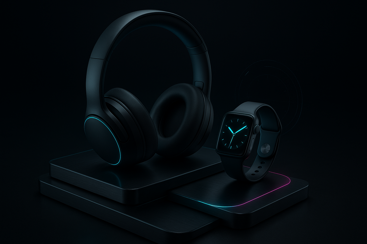 Premium over-ear headphones and a modern smartwatch arranged on brushed metallic surfaces with subtle holographic interface overlays and luminous cyan and fuchsia rings