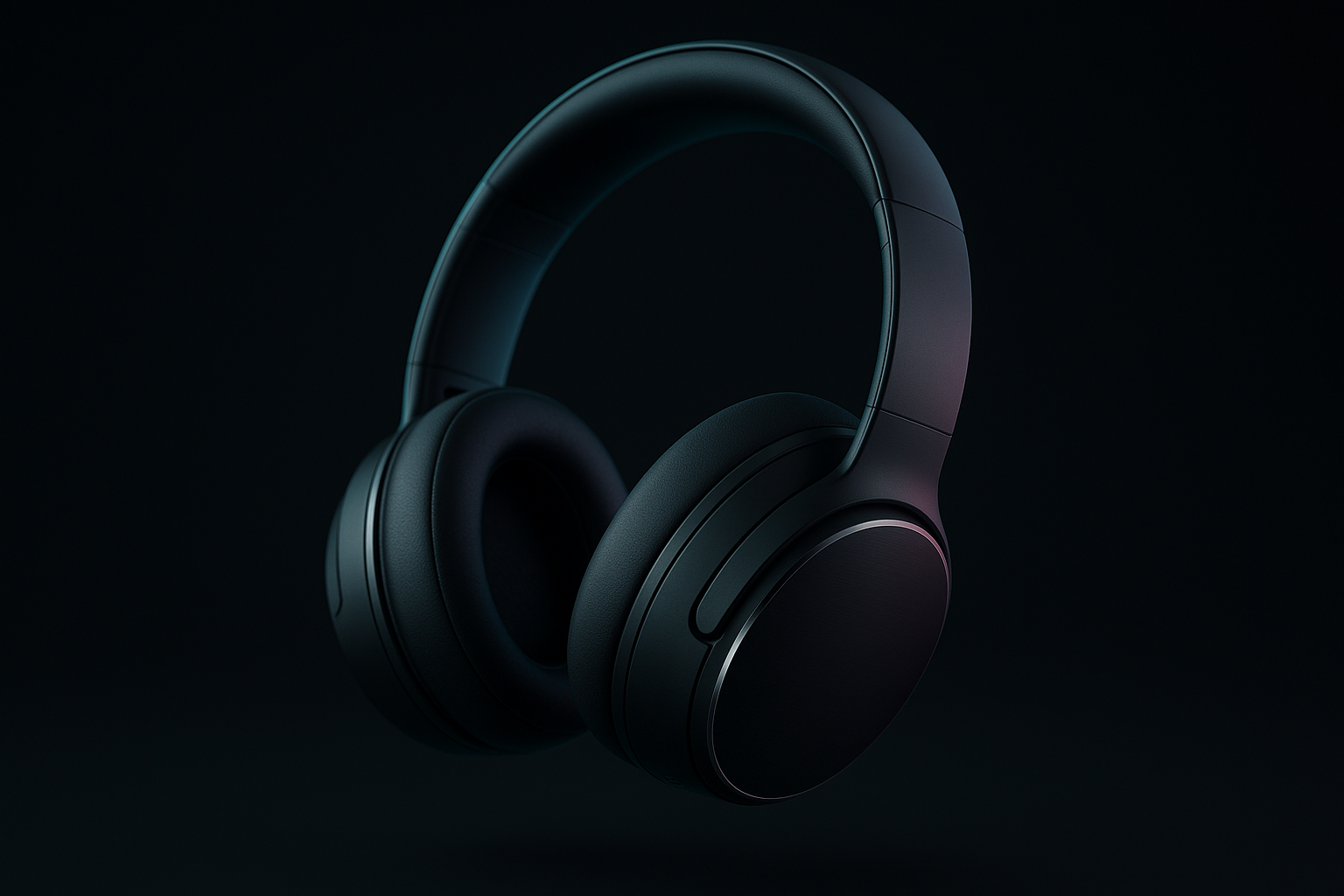 Matte black over-ear headphones with metallic ring accents floating in a moody cyan-lit tech studio
