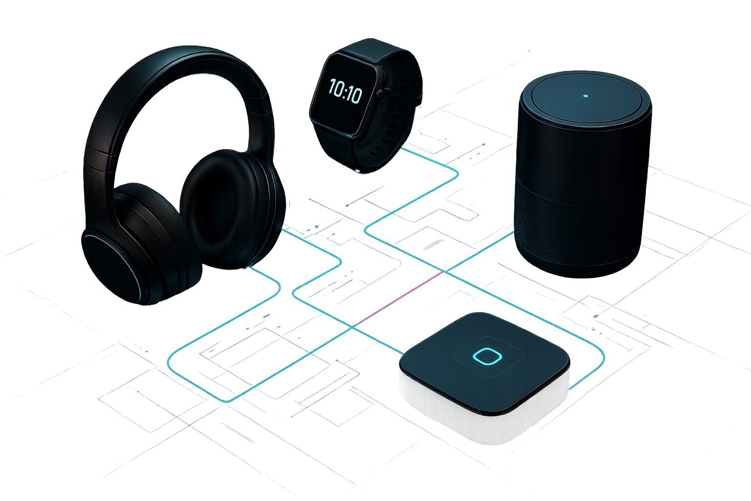 Technical overlay render showing interconnected headphones watch speaker and hub with luminous data paths