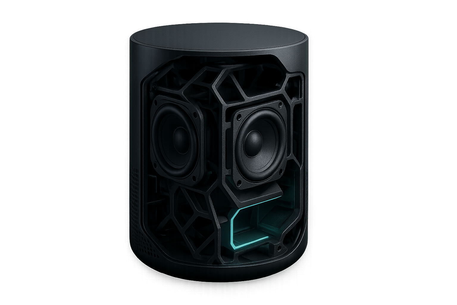 Cutaway smart speaker render with hexagonal internal bracing and dual-force bass module