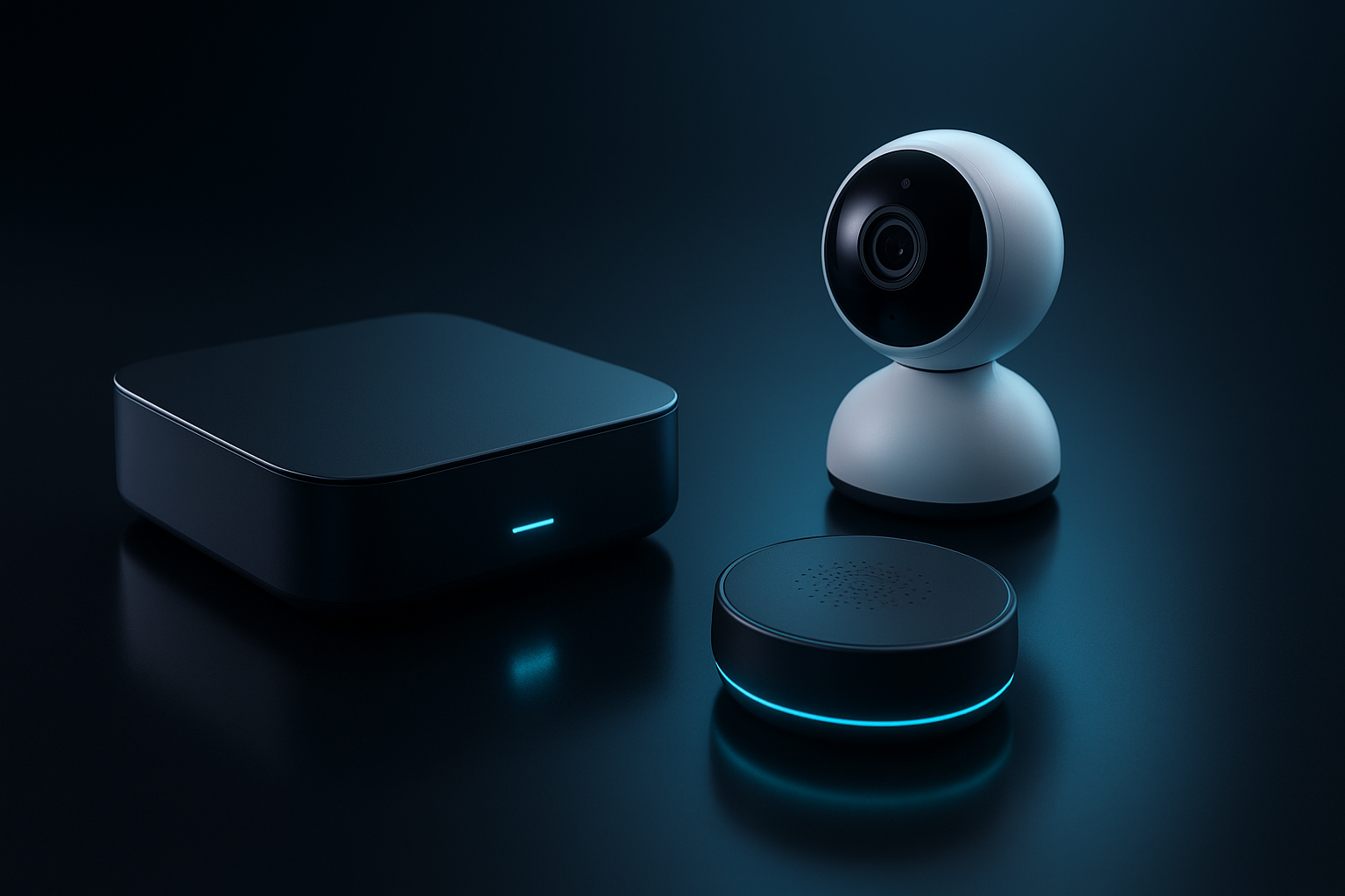 Modern smart home hub, compact camera, and voice assistant devices arranged on a reflective dark desk with ambient cyan highlights