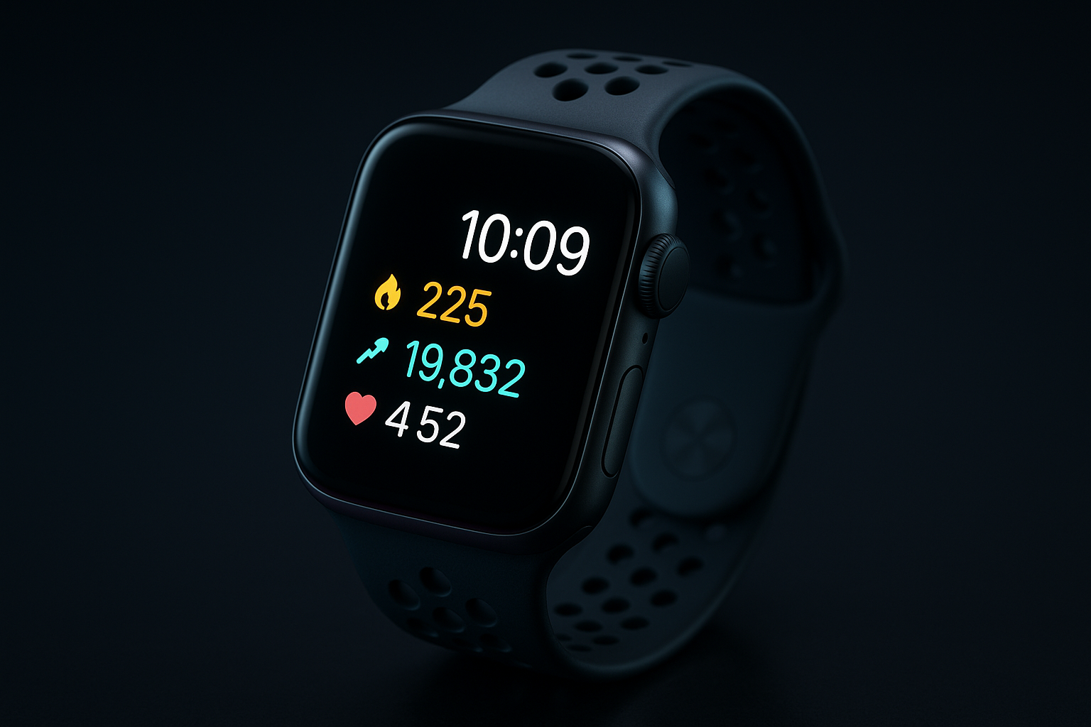 Graphite smart watch with a curved OLED screen showing fitness metrics against a subtle magenta neon backdrop