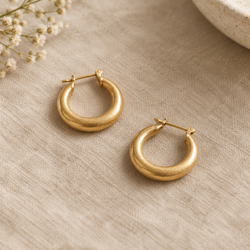Pair of softly textured gold hoop earrings on a neutral surface