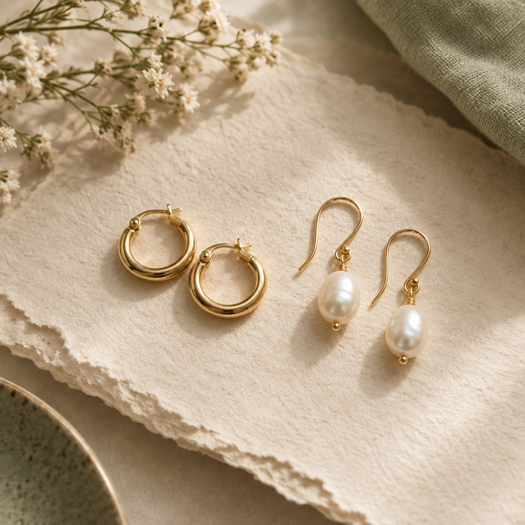 A pair of small gold hoops and freshwater pearl drop earrings resting on cream handmade paper