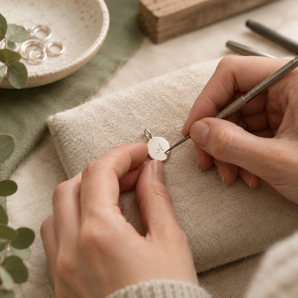 Close-up of an artisan engraving a small round sterling silver pendant with a fine metal tool