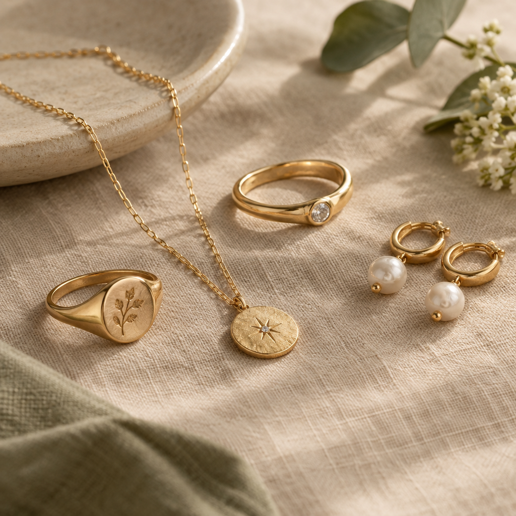 Handmade gold jewelry arranged on warm linen, front studio angle
