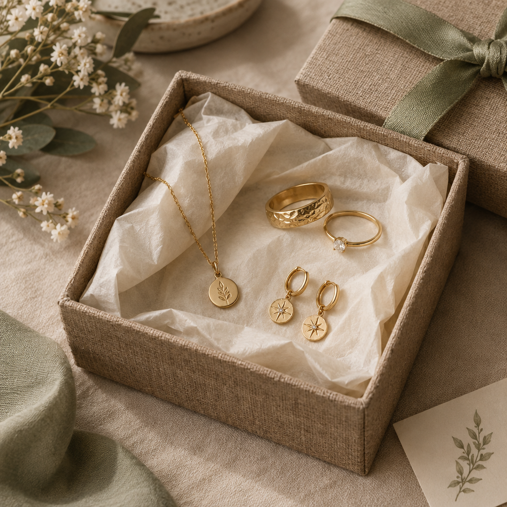 Handmade jewelry resting in an open artisan gift box