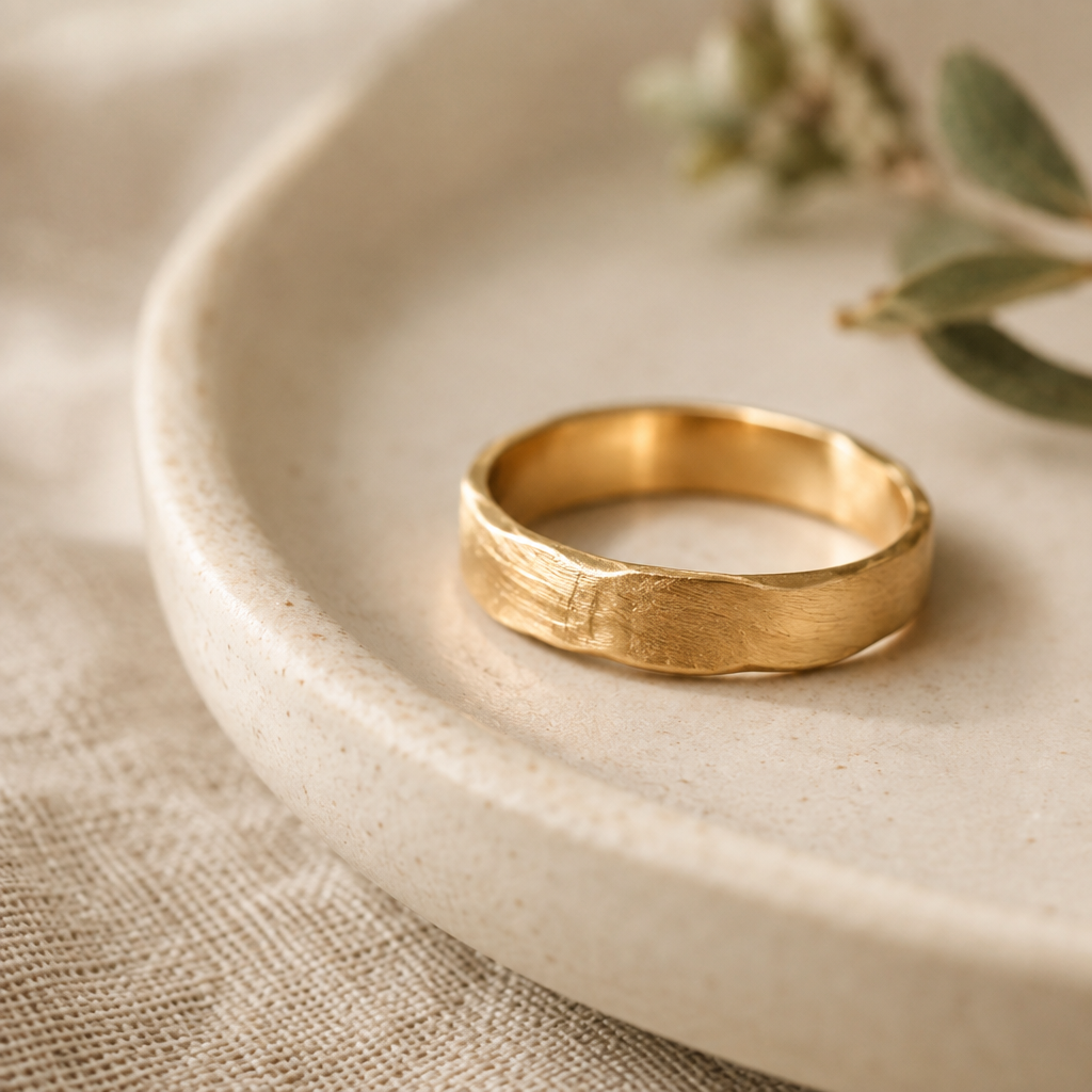 Handmade jewelry shown in close detail with a softly brushed finish