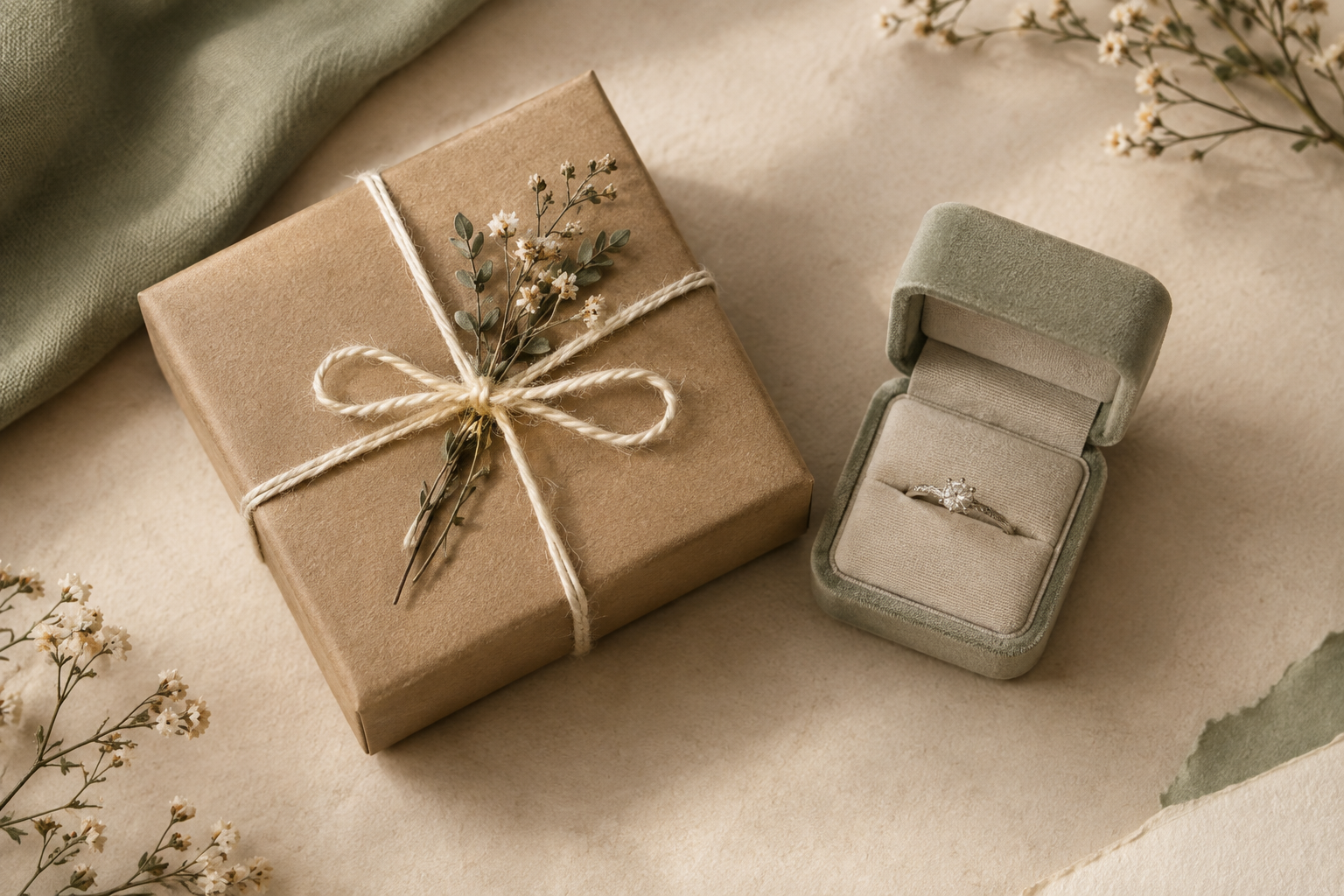 Small kraft paper jewelry parcel with ivory twine, dried botanical sprig, and a silver ring box