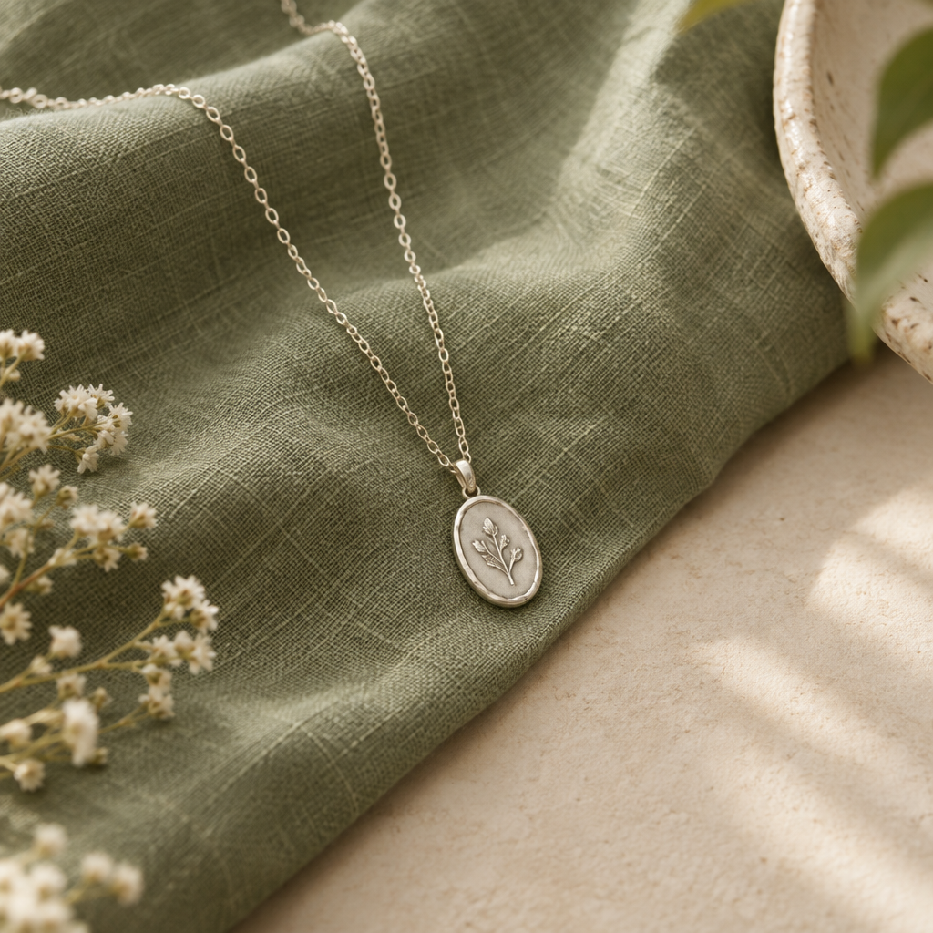 A delicate oval sterling silver pendant necklace arranged on a soft sage textile