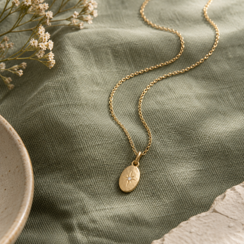 Delicate gold pendant necklace arranged in loose curves on a soft sage textile