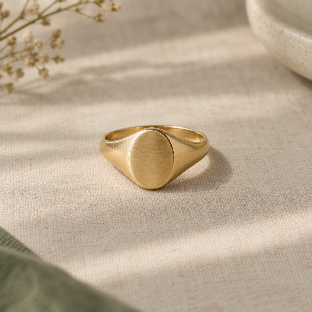 Warm gold oval signet ring on a soft neutral surface