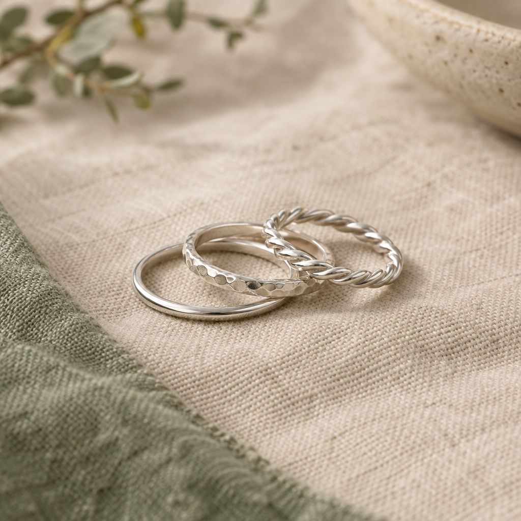 Three handcrafted silver stacking rings with softly hammered textures on warm linen