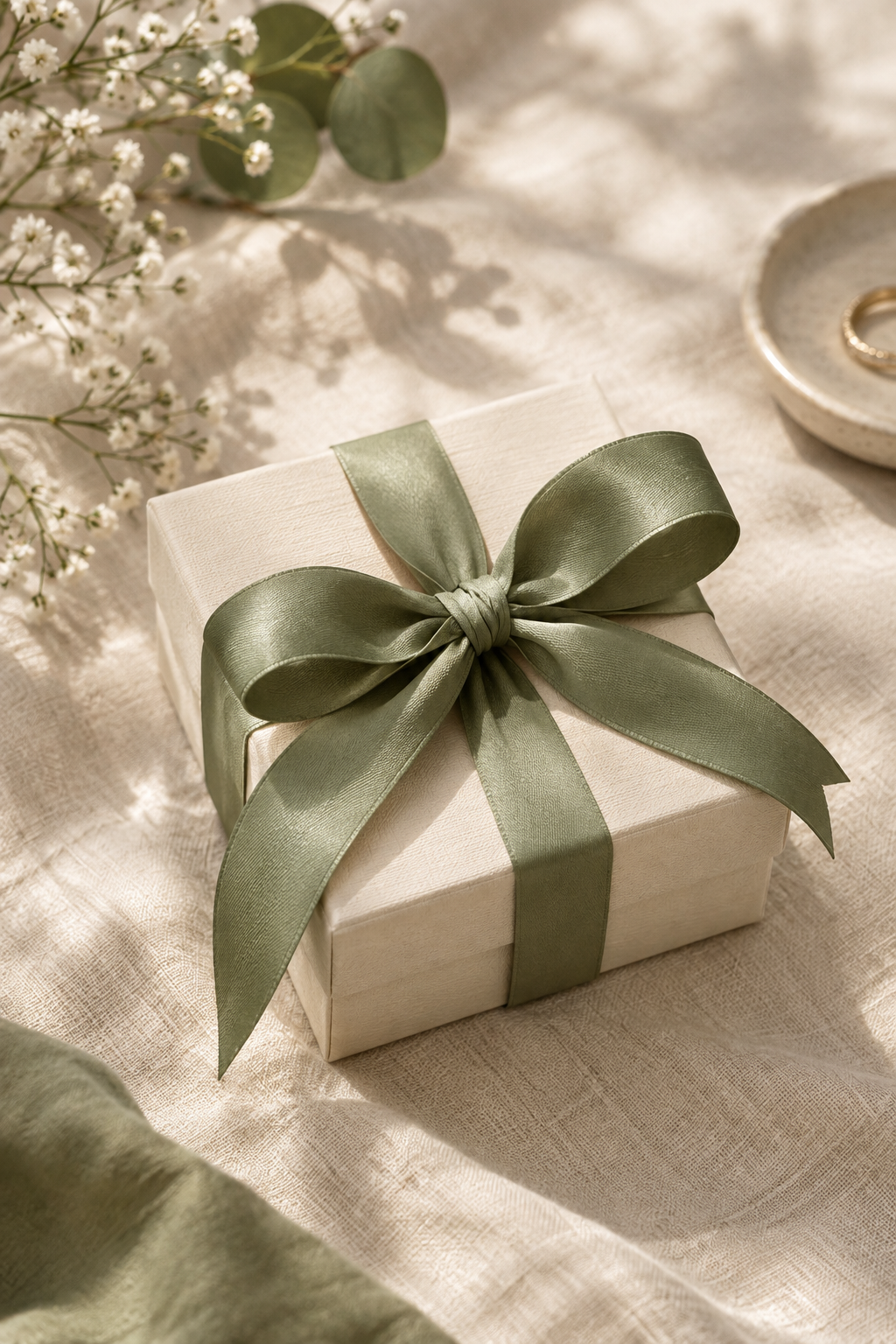 Cream jewelry gift box tied with a wide sage green ribbon on soft linen