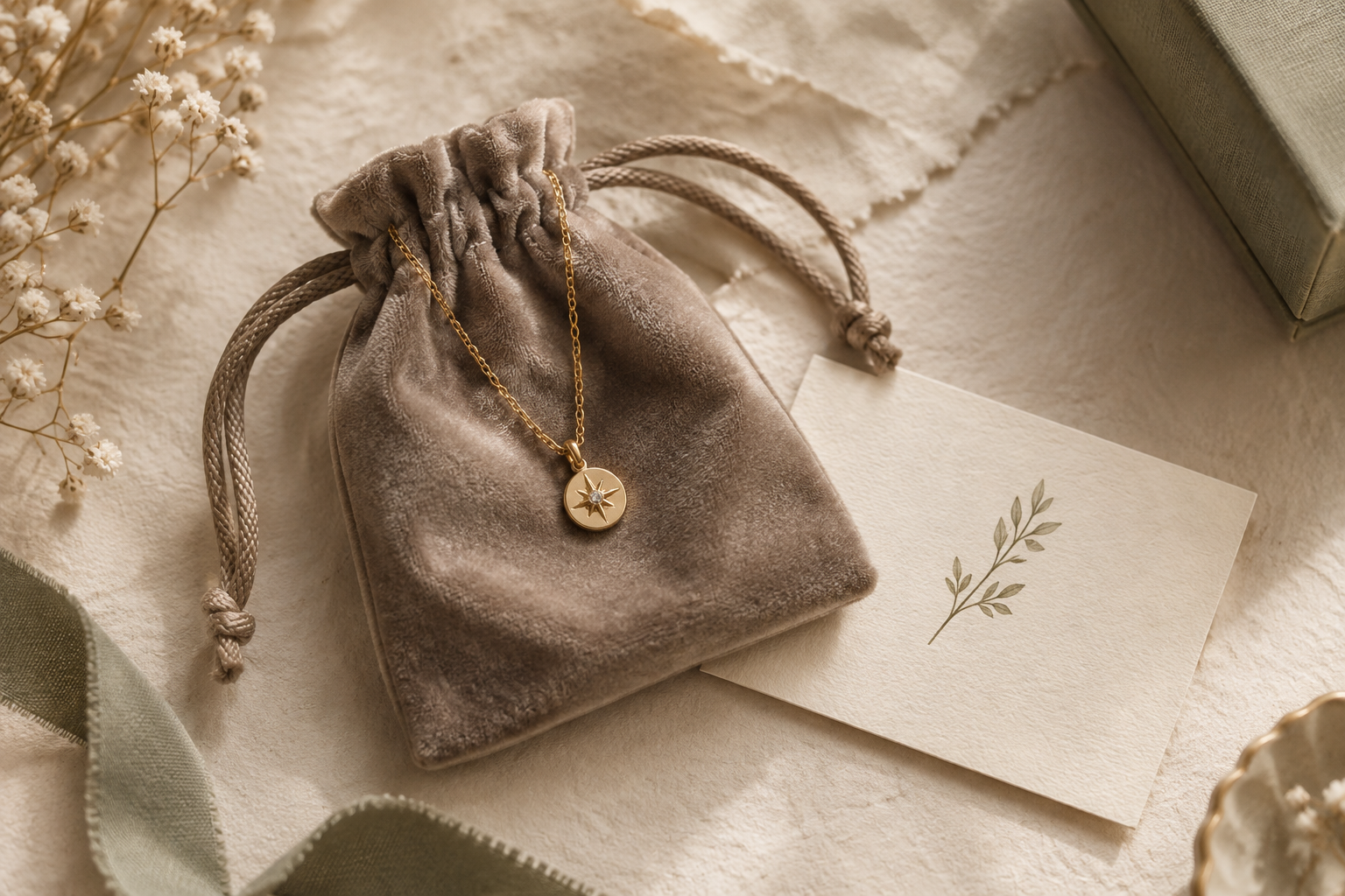 Warm taupe velvet jewelry pouch holding a delicate gold pendant beside a handwritten gift card