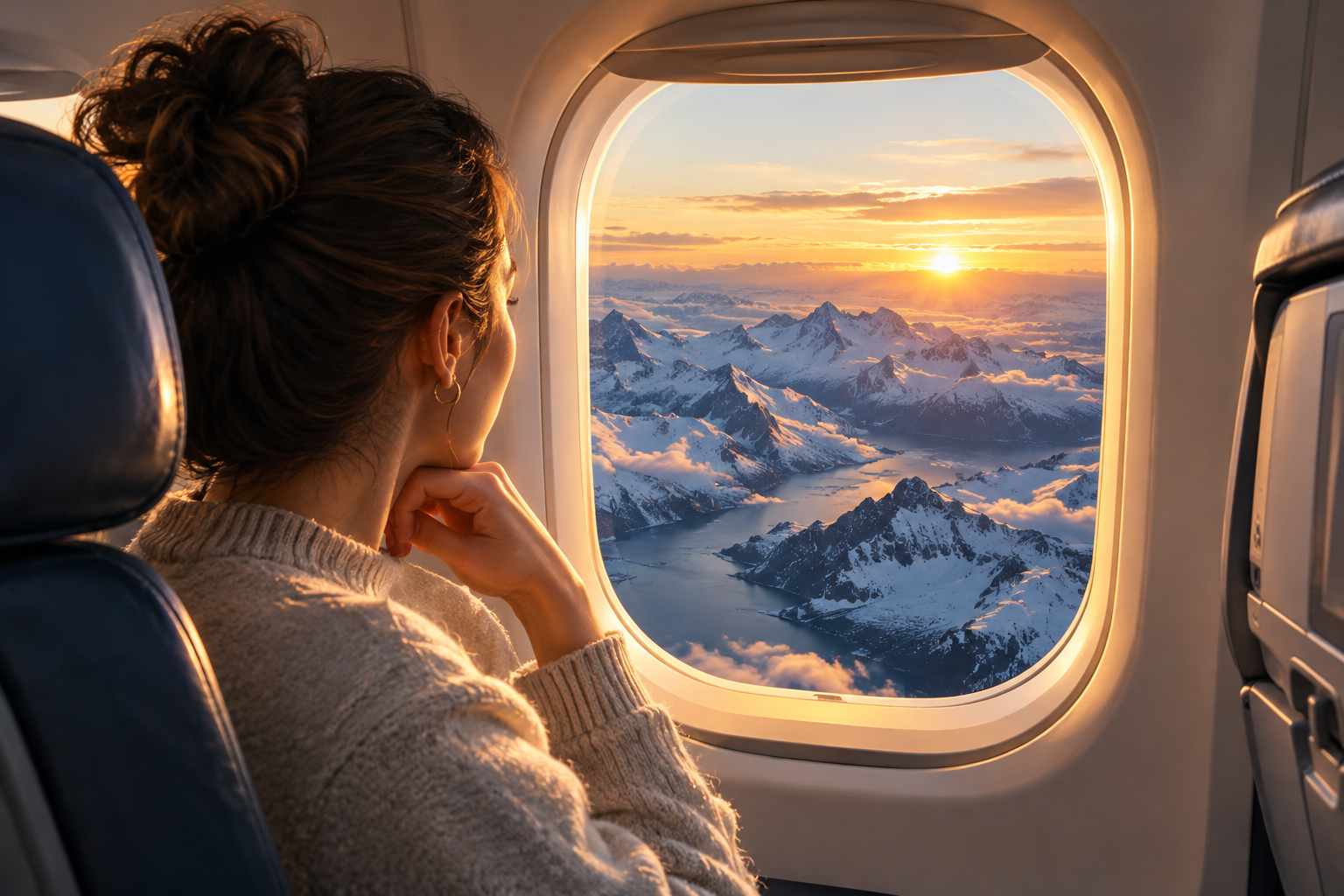 Passenger looking out of an airplane window at snow-covered Alaskan mountains during sunrise