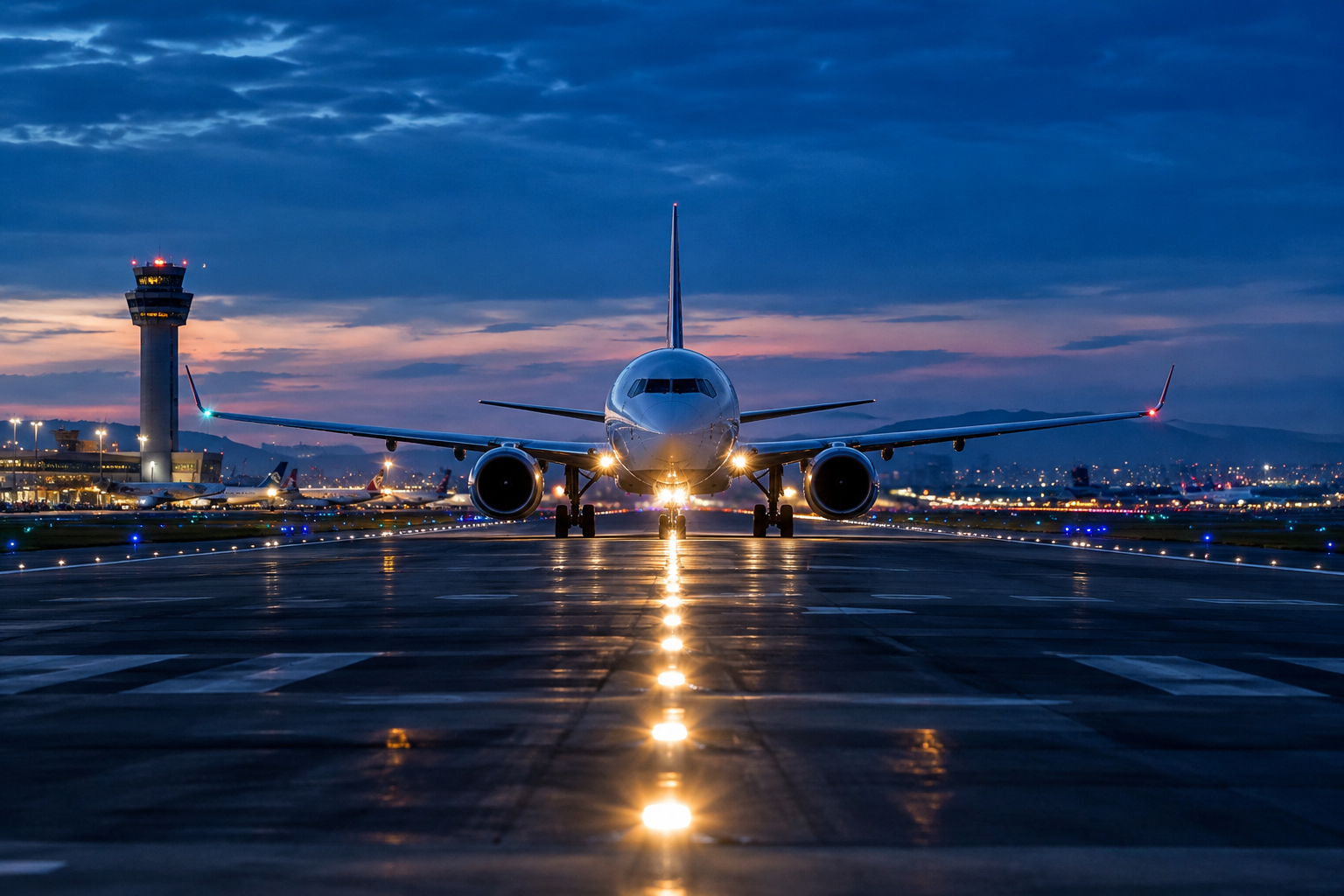 Night airport runway lights with a jet preparing for departure under a deep blue sky