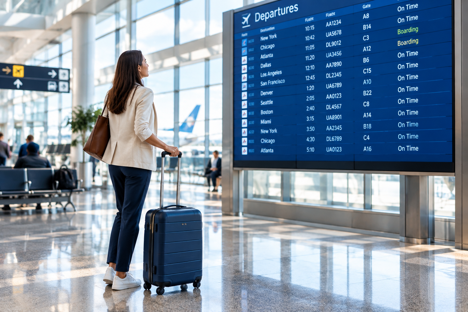 Traveler with a carry-on suitcase checking a departures board in a bright airport terminal
