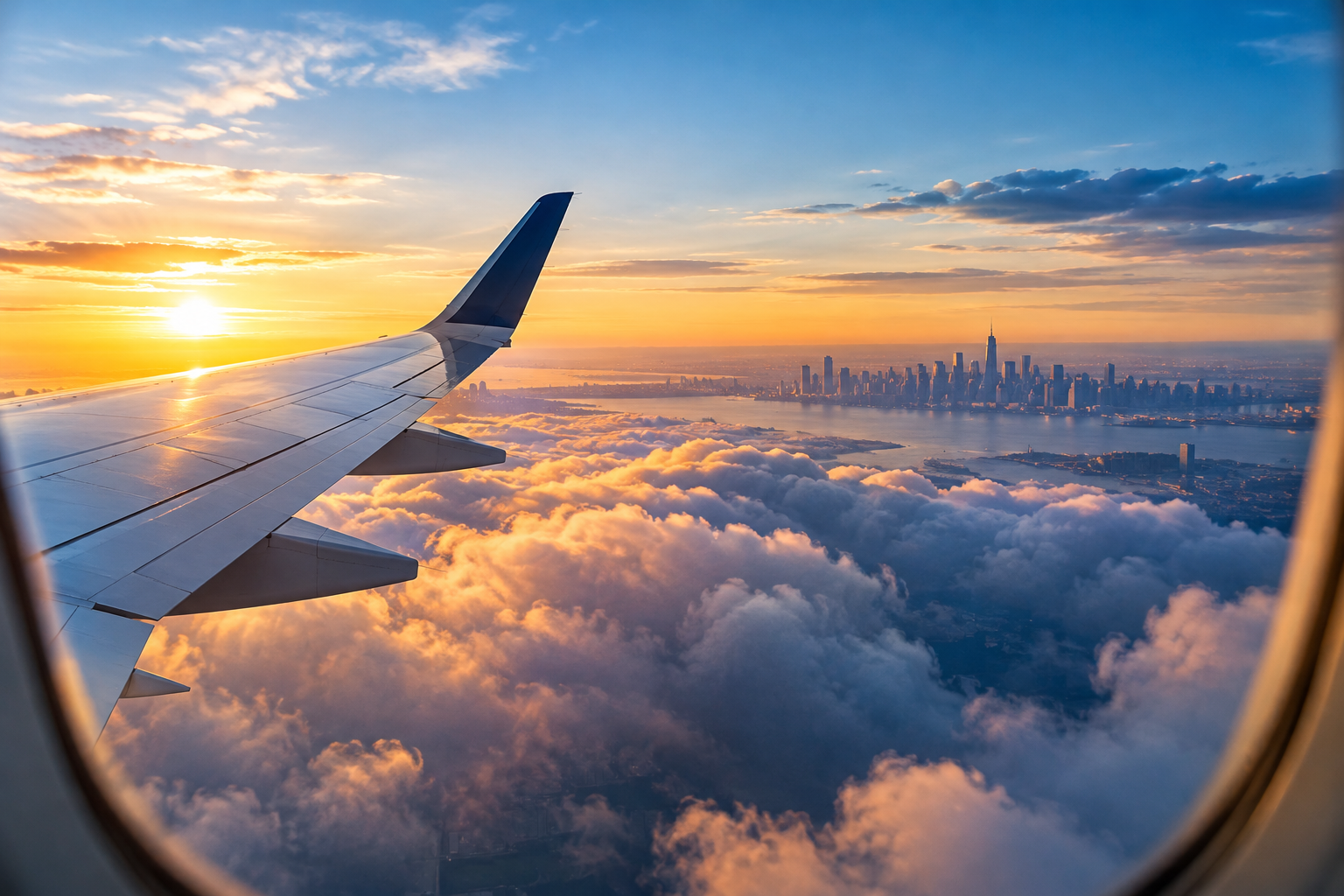 View from an airplane window at golden hour with clouds below and a distant city skyline