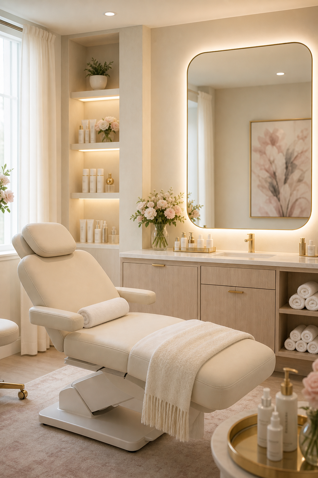 Elegant beauty studio interior with soft lighting, treatment chair, mirror, and skincare styling details