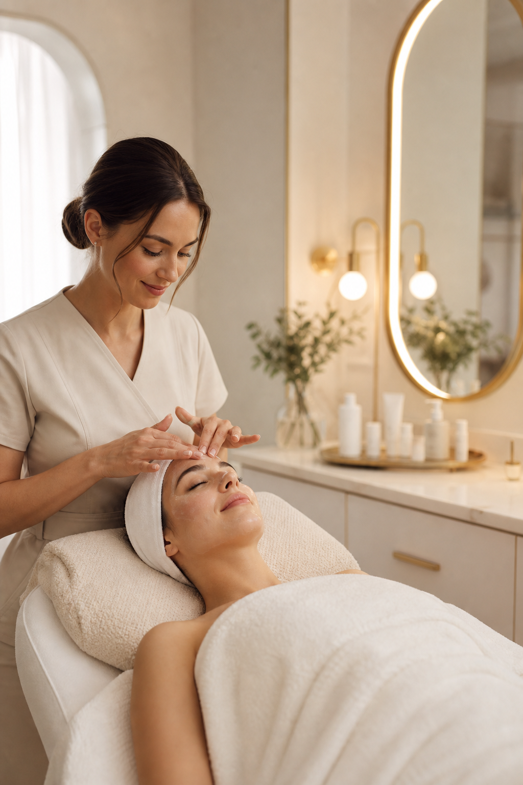 Luminous beauty-treatment scene with a relaxed client in a polished, calming studio
