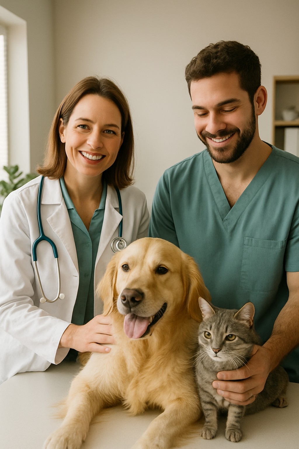 Дружелюбная команда ветеринаров в спокойном, уютном кабинете с собакой и кошкой