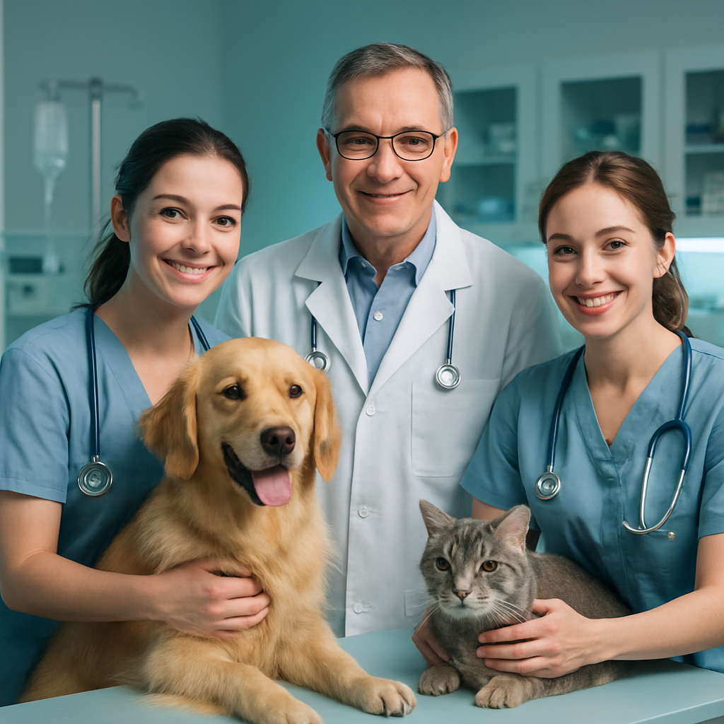 Дружелюбная команда ветеринаров в спокойном, уютном кабинете с собакой и кошкой