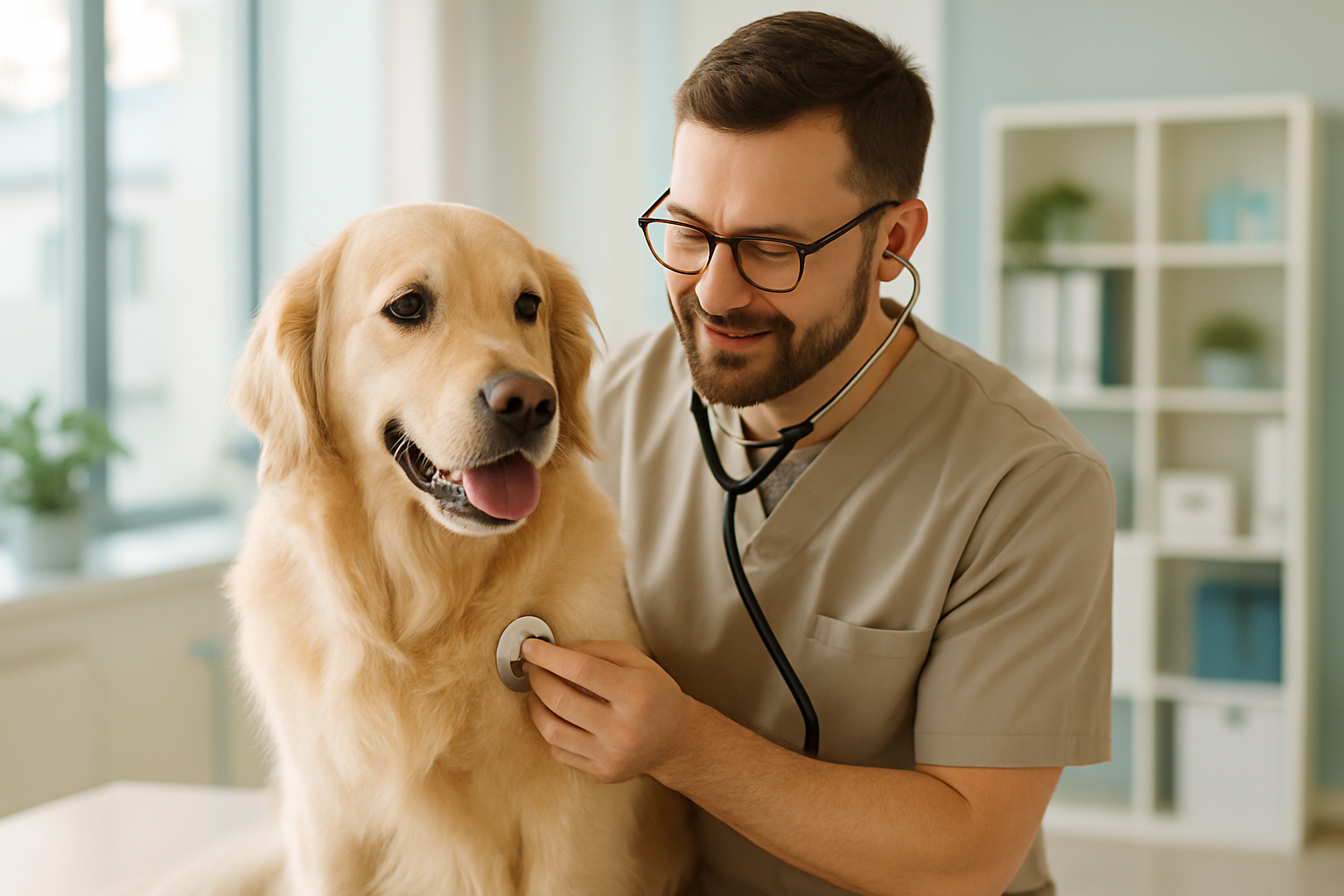 Ветеринар бережно осматривает спокойного золотистого ретривера со стетоскопом