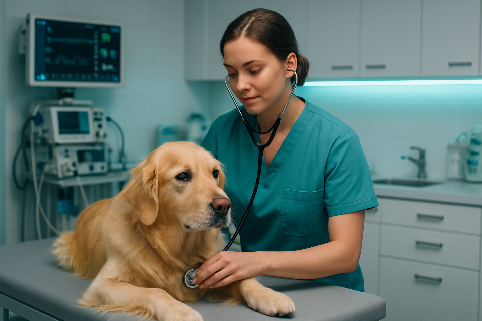 Ветеринар бережно осматривает спокойного золотистого ретривера со стетоскопом