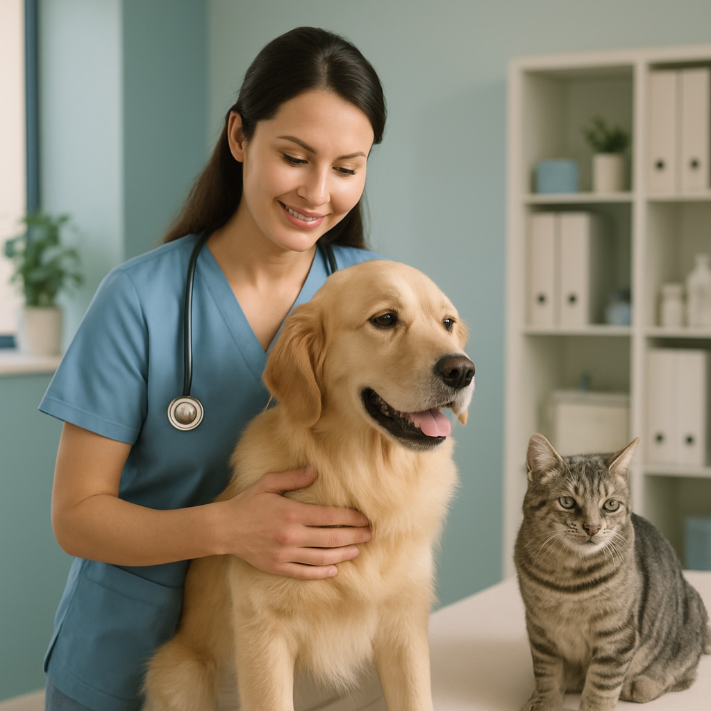 Заботливый ветеринар держит собаку, а рядом спокойно сидит кошка