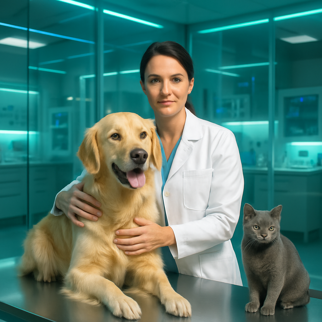 Заботливый ветеринар держит собаку, а рядом спокойно сидит кошка