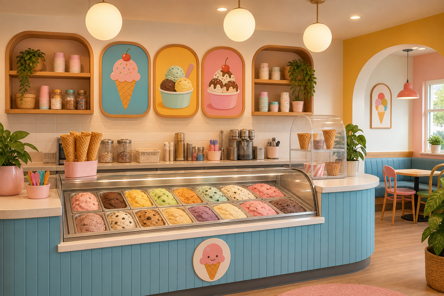 Inviting ice cream counter with colorful scoop display and warm lighting