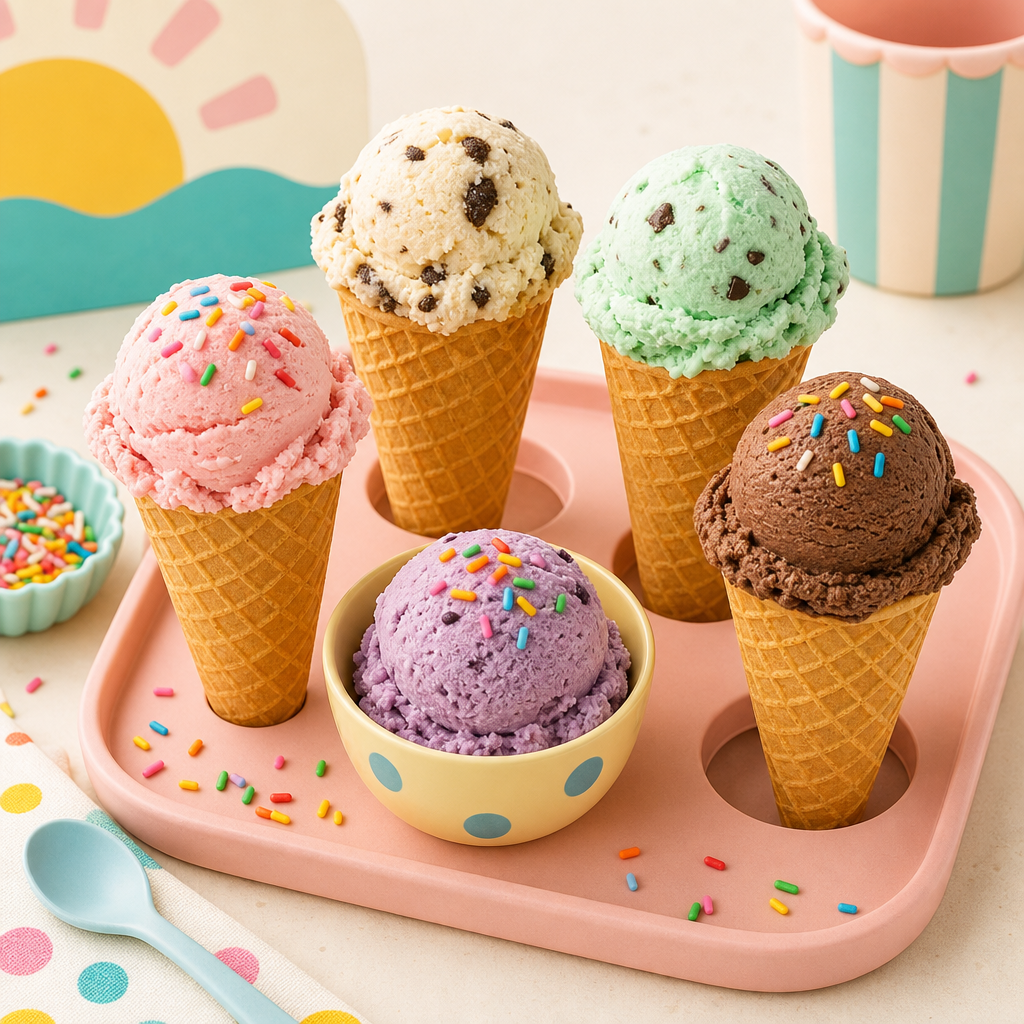 Colorful scoops of ice cream in waffle cones and a bowl on a pastel tray