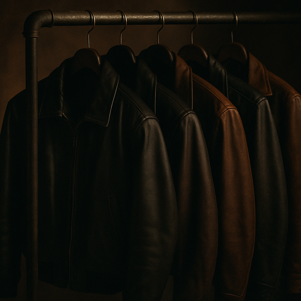 Vintage 80s leather and bomber jackets on a rack with dramatic studio lighting