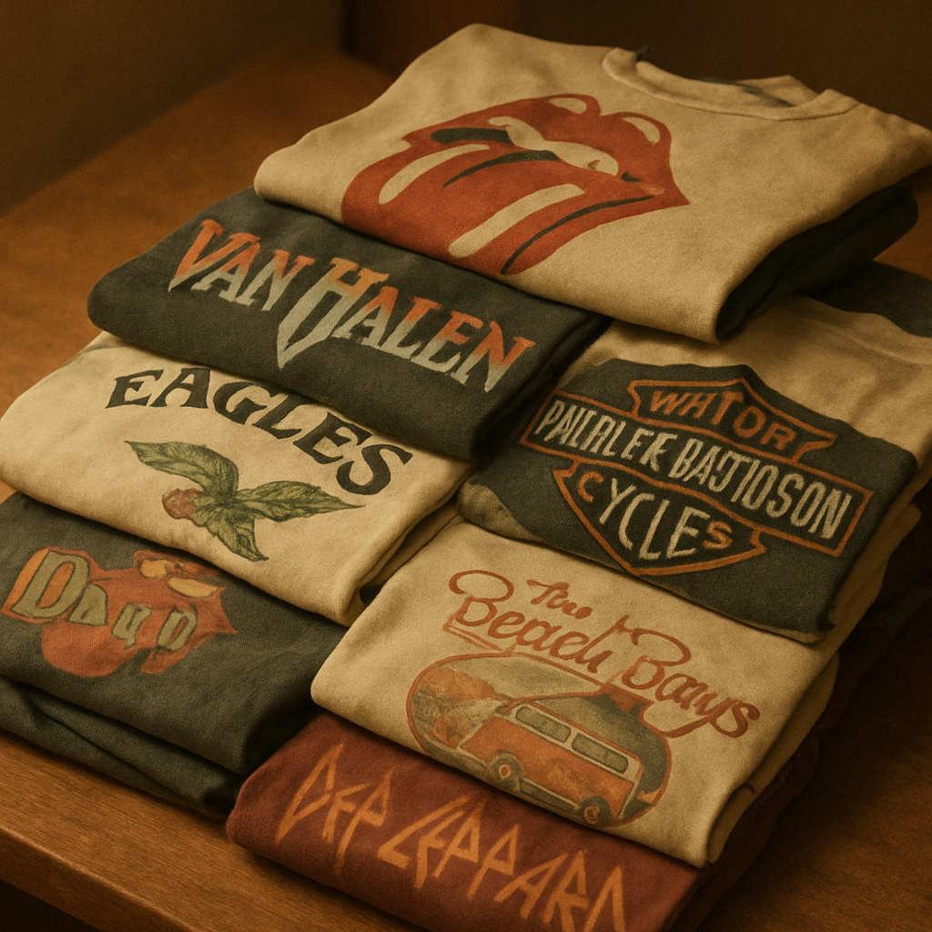 Assorted vintage graphic tees stacked on a table with retro prints and warm lighting