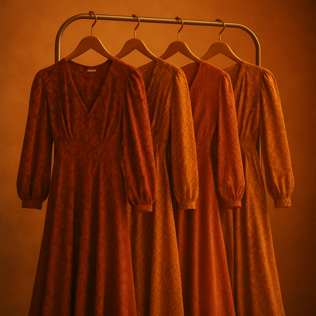 Retro patterned dresses hanging against a warm-toned studio wall with soft film grain