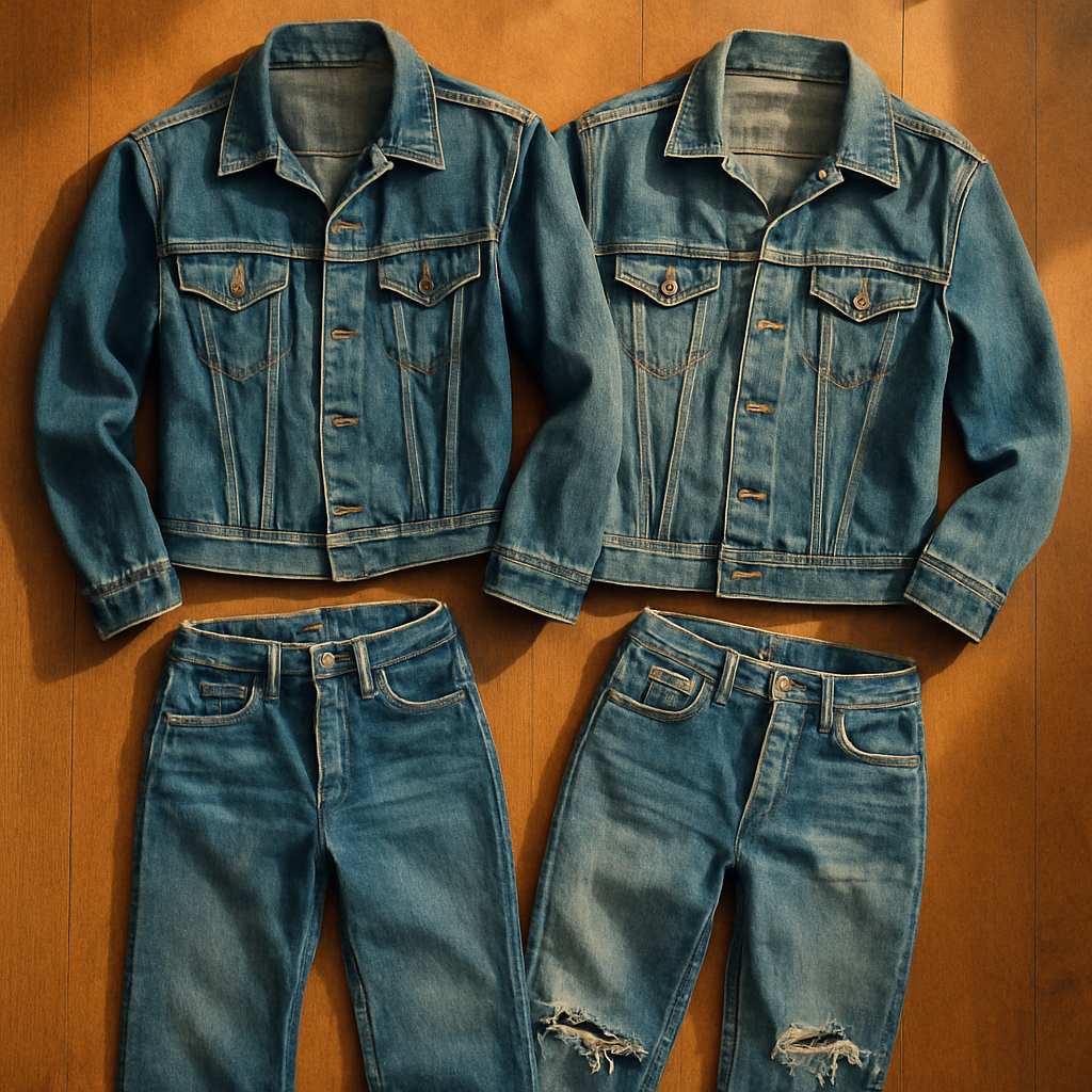 Sun-warmed 70s denim jackets and jeans laid on a wooden studio floor with retro styling
