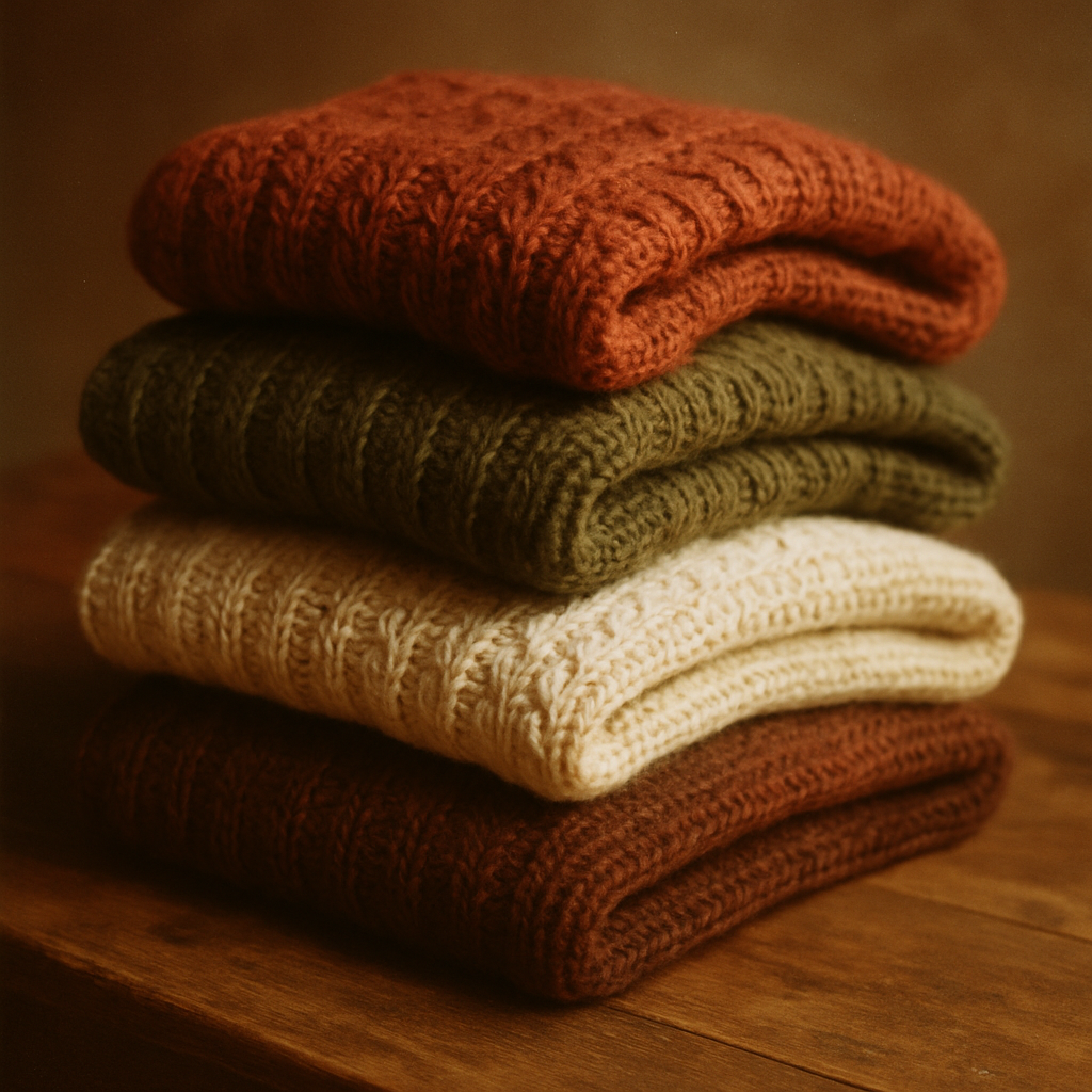 Chunky vintage knit sweaters folded in earthy colors with a cozy editorial feel