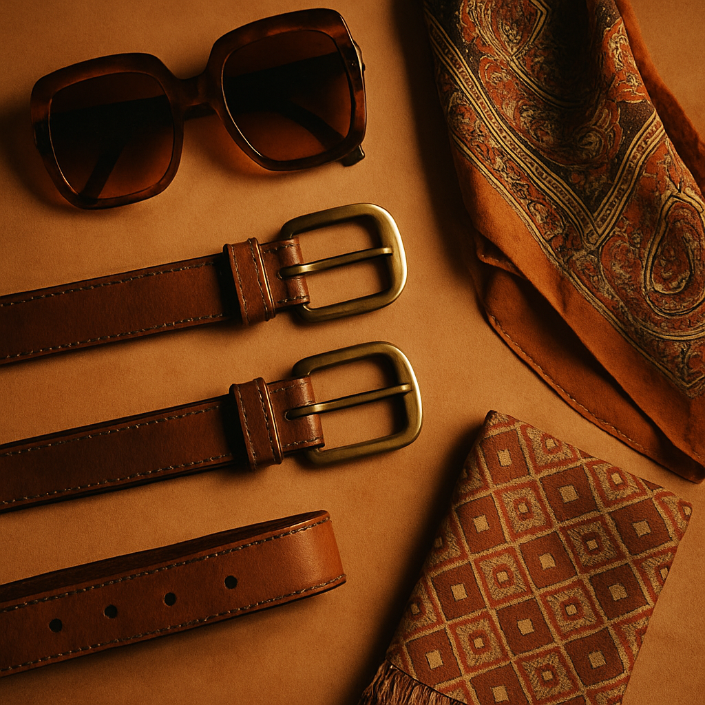 Retro accessories including sunglasses, belts, and scarves arranged in a boutique flat lay