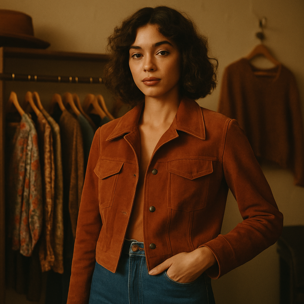 Warm film-style editorial portrait of a model wearing a rust suede jacket and high-waisted denim in a boutique vintage studio