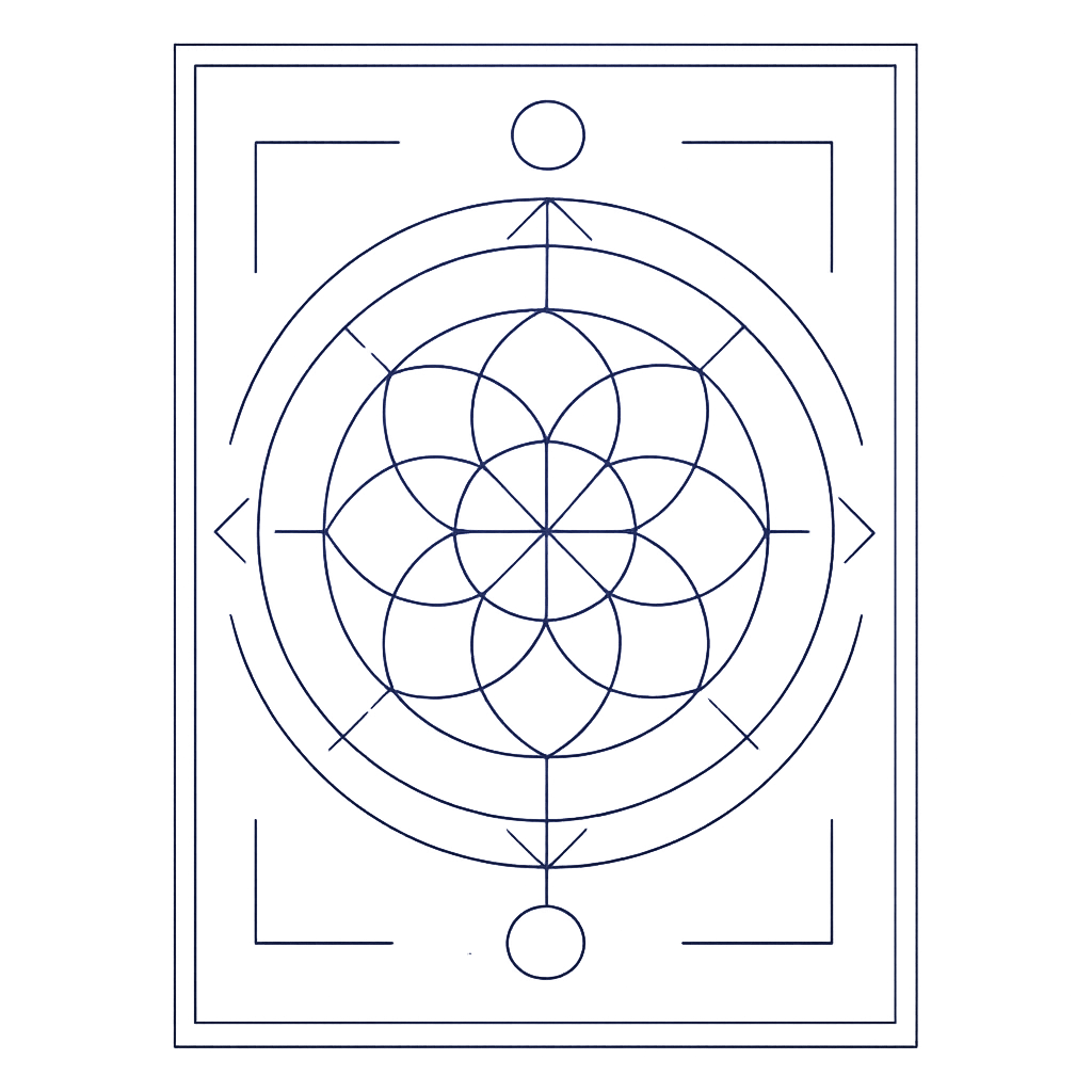 Minimal sacred geometry panel with a violet-indigo glow on a dark surface