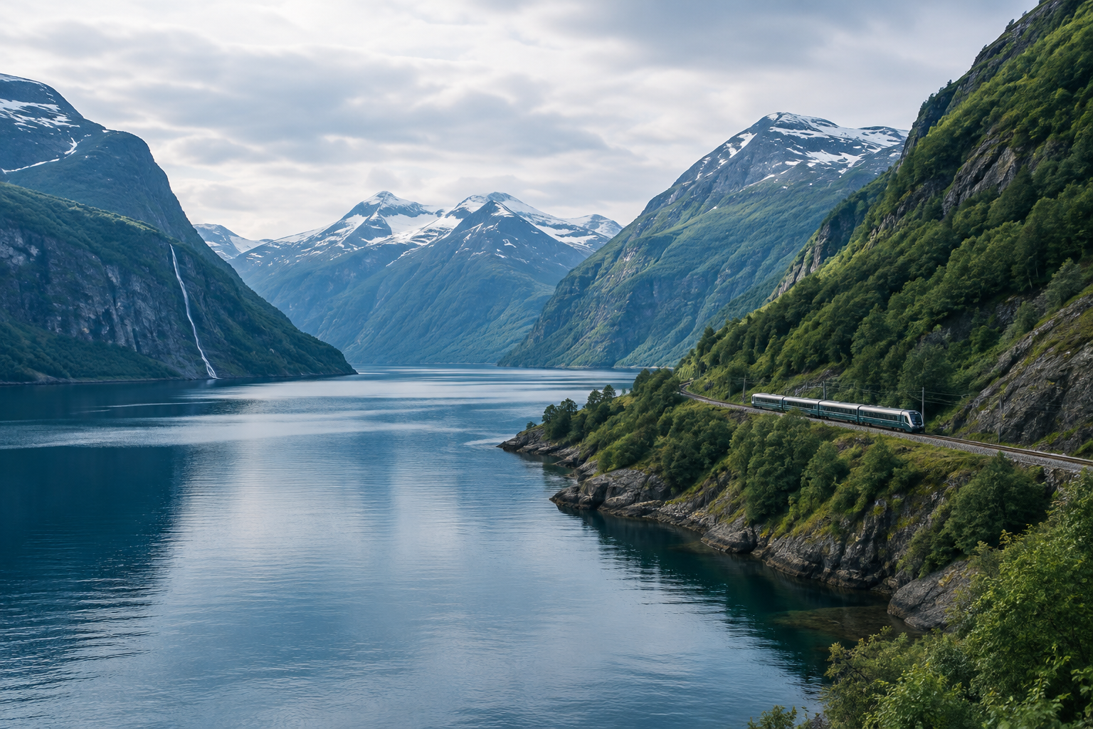 Norwegian fjord seen from a scenic railway, with steep green mountains and a calm deep-blue inlet