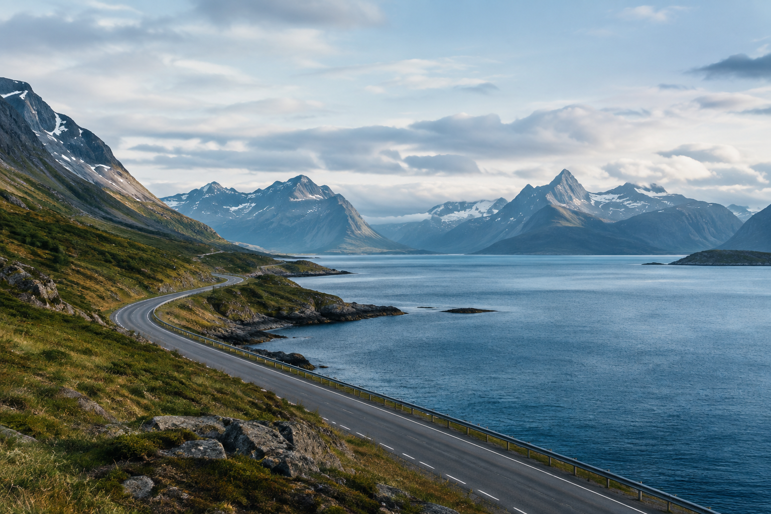 Wide northern landscape of a winding coastal road, fjord water, and distant mountains under a soft overcast sky