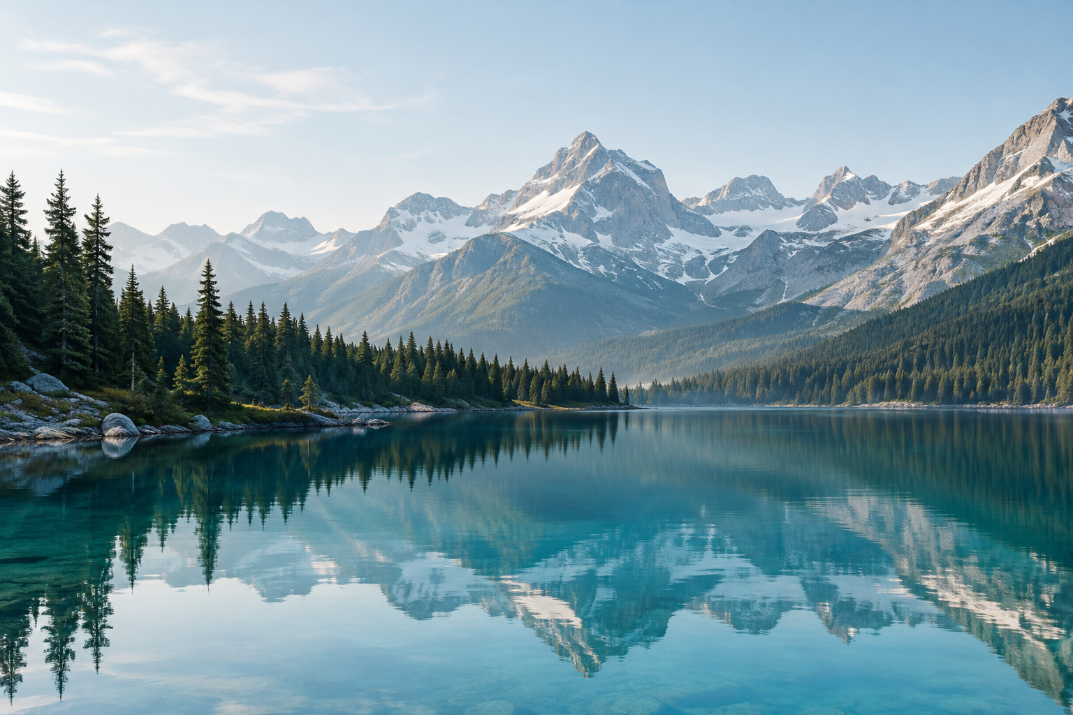 Still turquoise alpine lake edged by dark pines and pale mountain peaks in the early morning