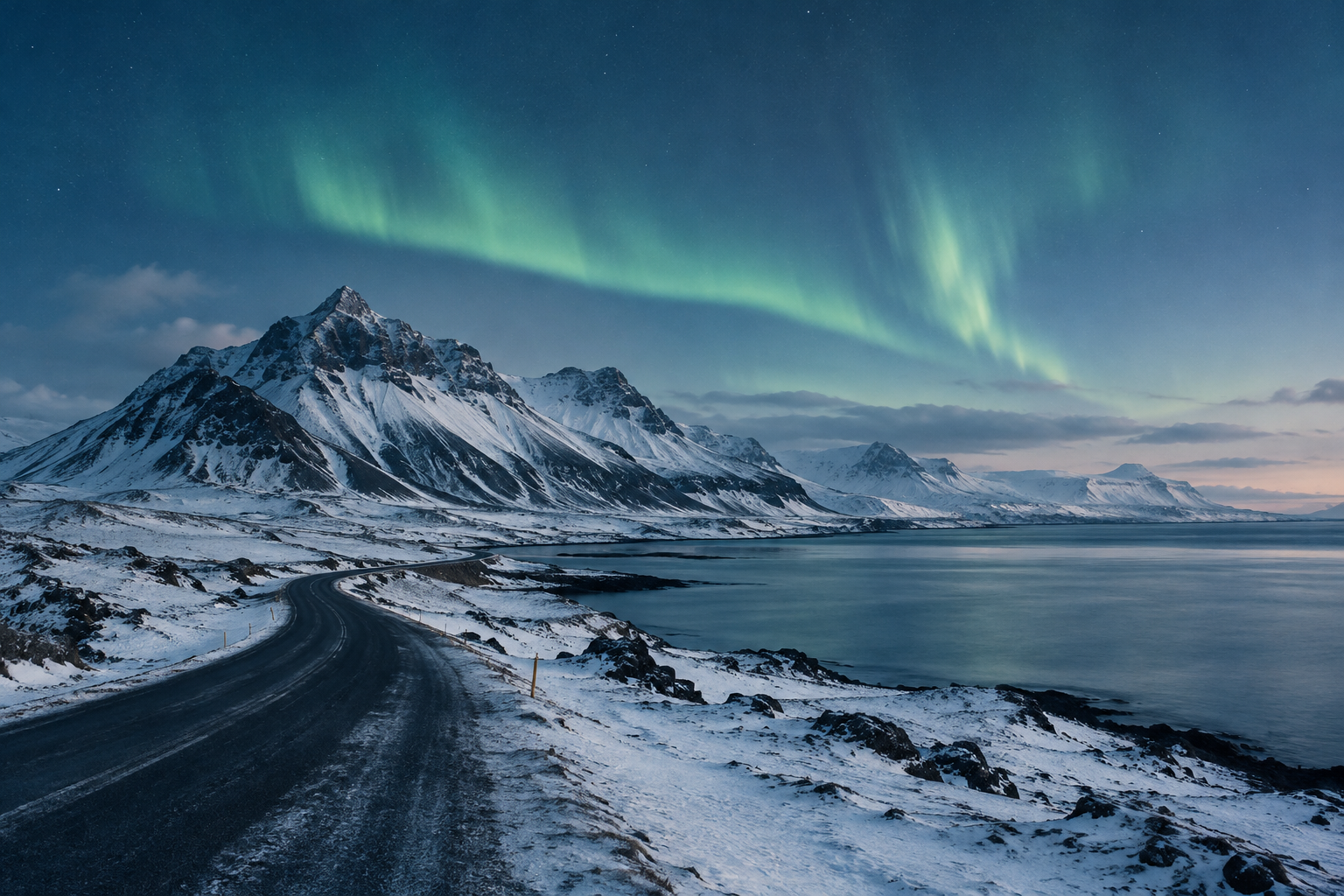 Cinematic winter view across Iceland's snowy highlands beneath the soft glow of the northern lights