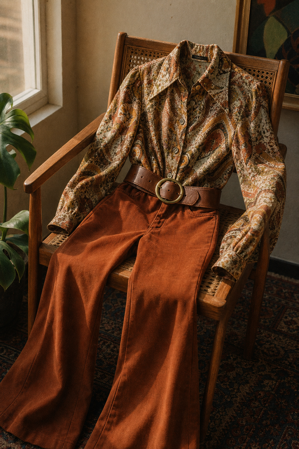 Vintage ensemble with a patterned blouse, oversized belt, and flared trousers styled on a wooden chair
