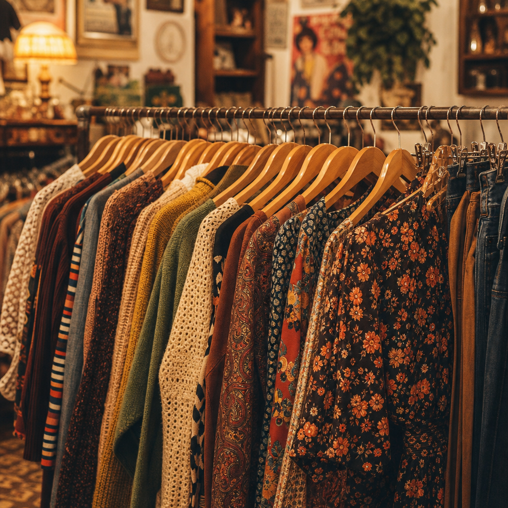 Vintage rack featuring 70s and 80s garments in warm, film-like lighting